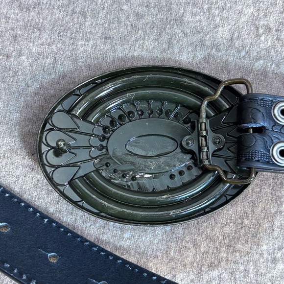 BC BELT Sz XL Black Belt Ornate Beaded Buckle 3” x 4” Tooled Part 47” x 1.25” - Picture 6 of 7